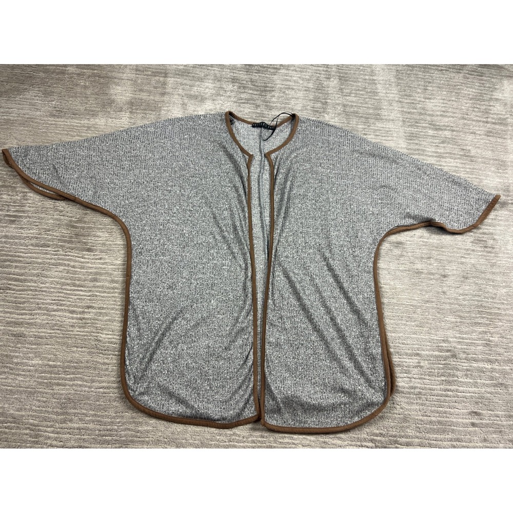 Potter's Pot Cardigan Women M Grey D30132 Open Front Faux Suede Trim Ribbed Knit